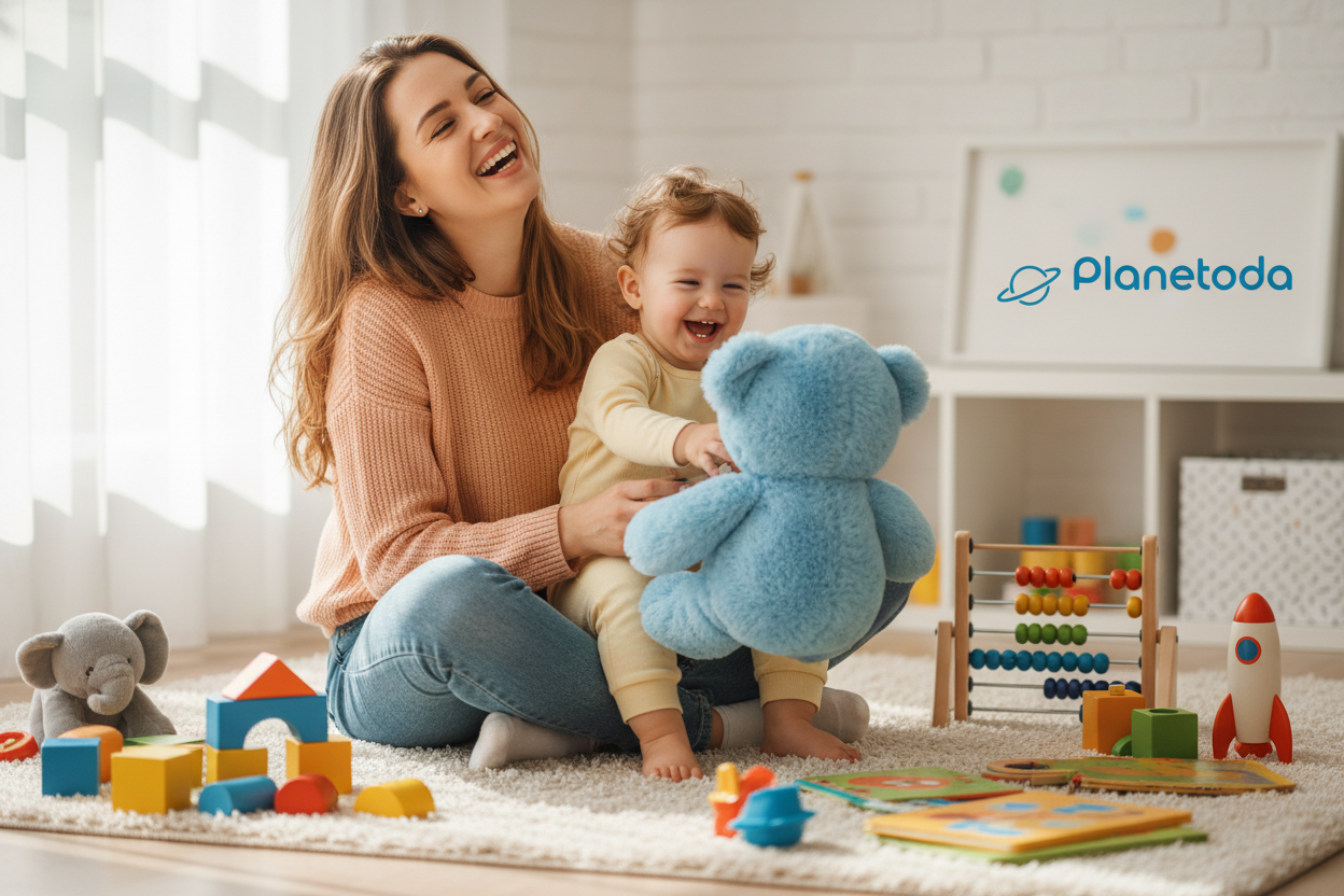 banner with a mom and her toddler happy with toys all around them and planetoda logo at the back