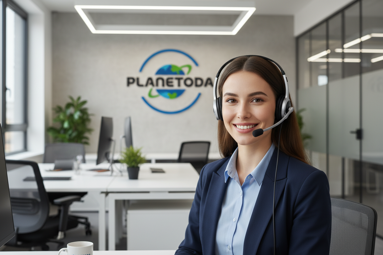 support agent with planetoda logo behind